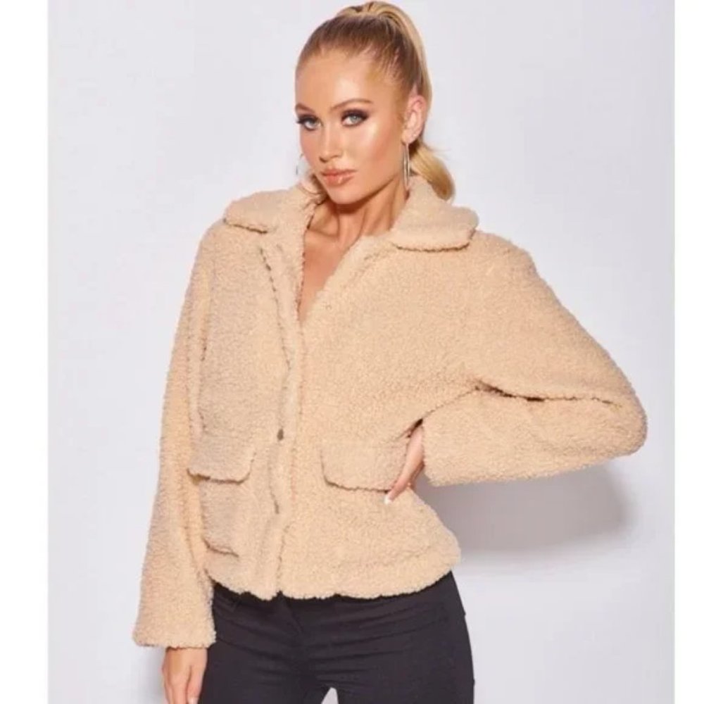 Camel Long Sleeve Collared Teddy Bear Fur Trucker Jacket - Picture 12 of 14